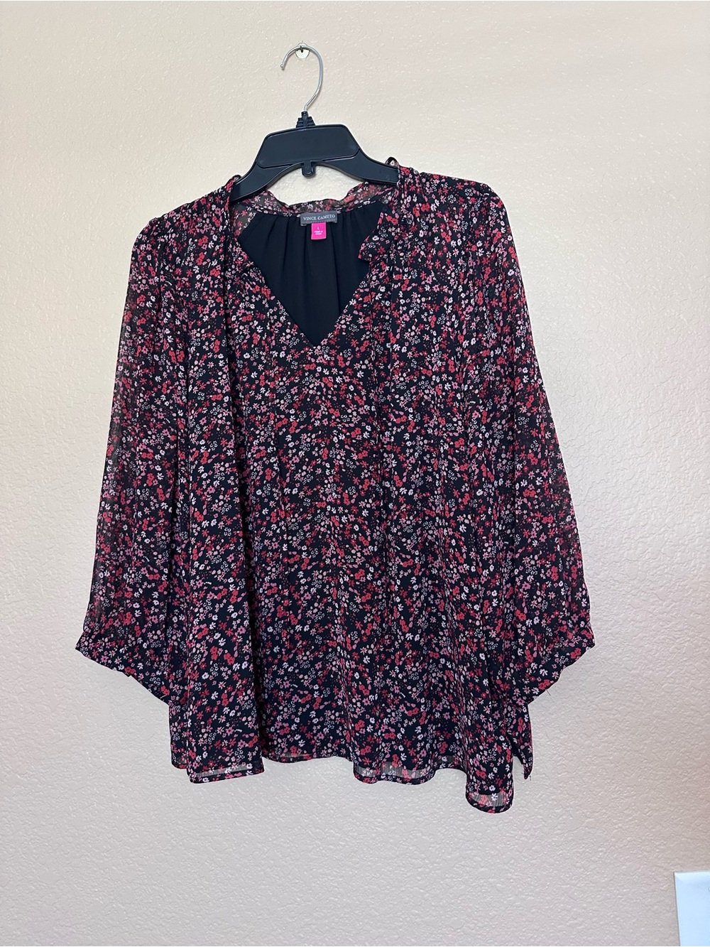 Vince Camuto Black Blouse with Pink and Red Floral Pattern